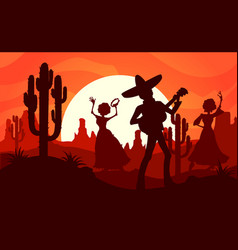 Mexican Desert Silhouettes Of Mariachi And Women