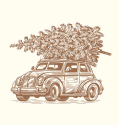 Retro Car With A Christmas Tree On Top In Sketch