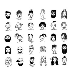 Set Of People Faces Hand Drawn In Doodle Style