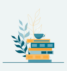 Stacked Books With Coffee Cup In Blue And Orange