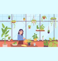 Lady At Greenhouse Cute Woman Watering Plants