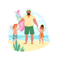 Happy Father With Children On Beach Flat Style