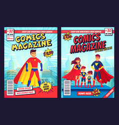 Comic Book Cover With Super Hero Man And Family