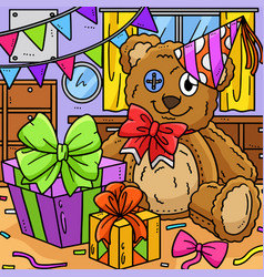 Teddy Bear With A Birthday Gift Colored Cartoon