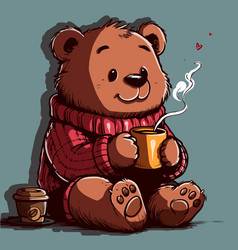 A Cartoon Bear With Sweather Drinking