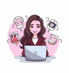 Cartoon Of Young Woman Working On Laptop At Home