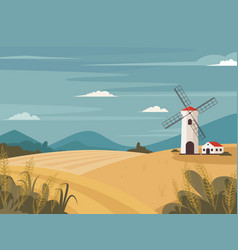 Landscape Wheat Field With Windmill Barn Rural