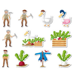 Sticker Set Of Farm Objects And Farmer Cartoon