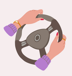 Female Hands On Steering Wheel In Flat Style