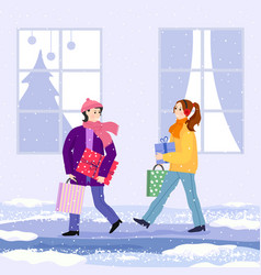 Two Girls Are Walking Down The Street With Gifts