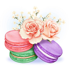 Cute Watercolor Pastel Macarons With Pink Roses