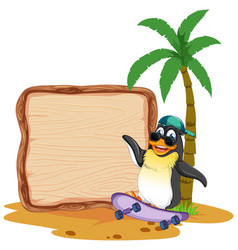 Penguin On Skateboard Beside Wooden Sign And Palm