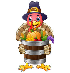 Cartoon Turkey With Basket Full Of Fruits And Vege