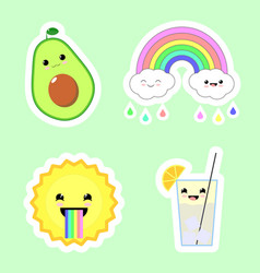 Cute Kawaii Stickers On A Green Background