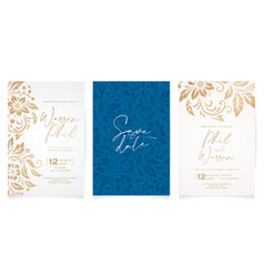 Three Wedding Invitation Cards With Gold And Blue