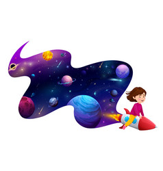 Cartoon Kid Girl Flying On Rocket Space Landscape