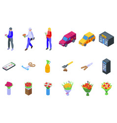 Flower Delivery Icons Set Isometric