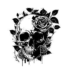 Skull With Rose Flower Black Outline