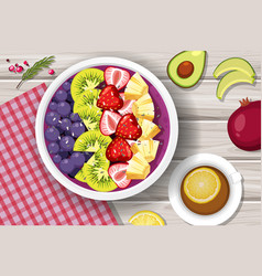 Top View Of Fruit Salad On Wooden Table