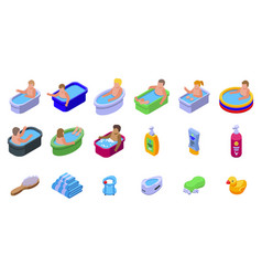 Bathing A Baby Icons Set Isometric Newborn Infant