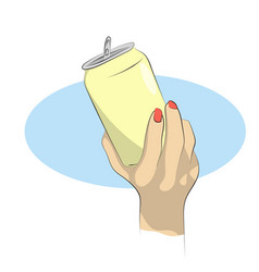 Closeup Hand Of Woman Holding Yellow Tin Can