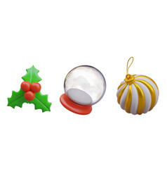 Set Of Holly Branch Plant Glass Snow Ball On Red