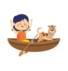 Wooden Canoe With Cartoon Happy Girl And Dog