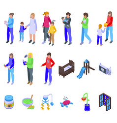 Night Babysitting Icons Set Isometric Baby Nanny