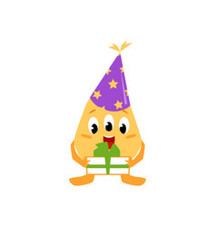 Cute Yellow Monster In Party Hat Holding Birthday