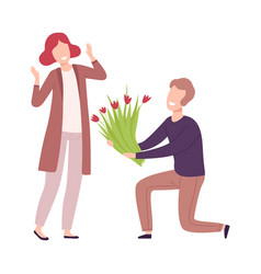 Man Kneeling Down Giving Bouquet Flowers