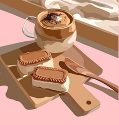 Coffee Mug With Cakes And Spoon On Kitchen Board