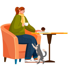 Woman With Cat In Armchair Of Street Cafe Female