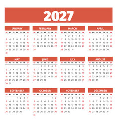 2027 Simple Calendar Weeks Start On Sunday