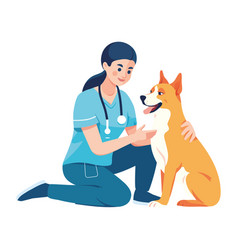 Smiling Nurse Sitting With Purebred Dog Patient