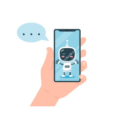 Hand Holding Mobile Phone With Cute Cartoon Robot