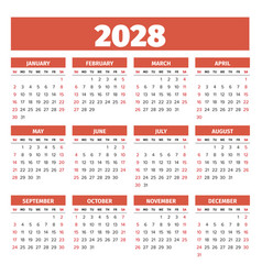 2028 Simple Calendar Weeks Start On Sunday