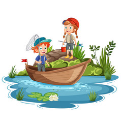 Two Kids Fishing On A Boat In A Pond