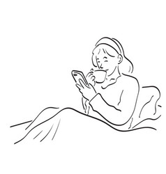 Woman Drinking Coffee In Her Bed And Checking