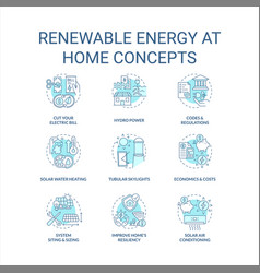 Renewable Energy At Home Turquoise Concept Icons