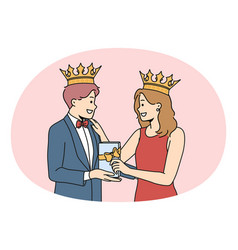 Smiling Couple With Crowns On Heads Present