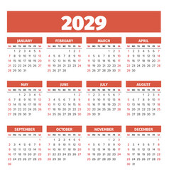 2029 Simple Calendar Weeks Start On Sunday