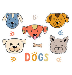 Cute Colored Dog Faces In Doodle Style