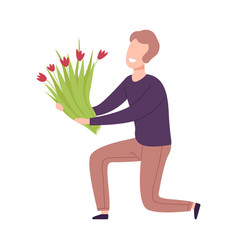 Man Kneeling Down With Bouquet Flowers Holiday