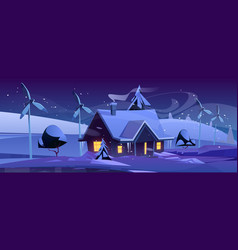 Smart House With Wind Turbines At Winter Night