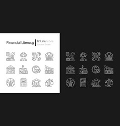 Financial Literacy Linear Icons Set For Dark