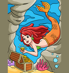 Mermaid With A Treasure Box Colored Cartoon