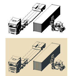 Truck With Trailer And Forklift Container