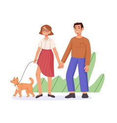 Smiling Cute Couple Walking With Dog At Park