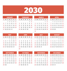 2030 Simple Calendar Weeks Start On Sunday