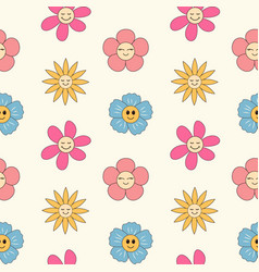 Retro Groovy Cartoon Flowers Seamless Pattern